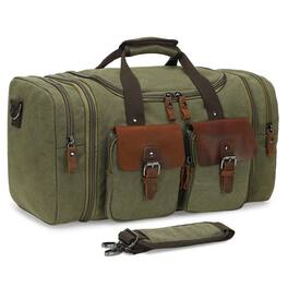 Unique Bargains - Canvas Duffle Bag with Genuine Leather Accents Expandable 20-23 Inch Travel Weekender Multiple Pockets - Green