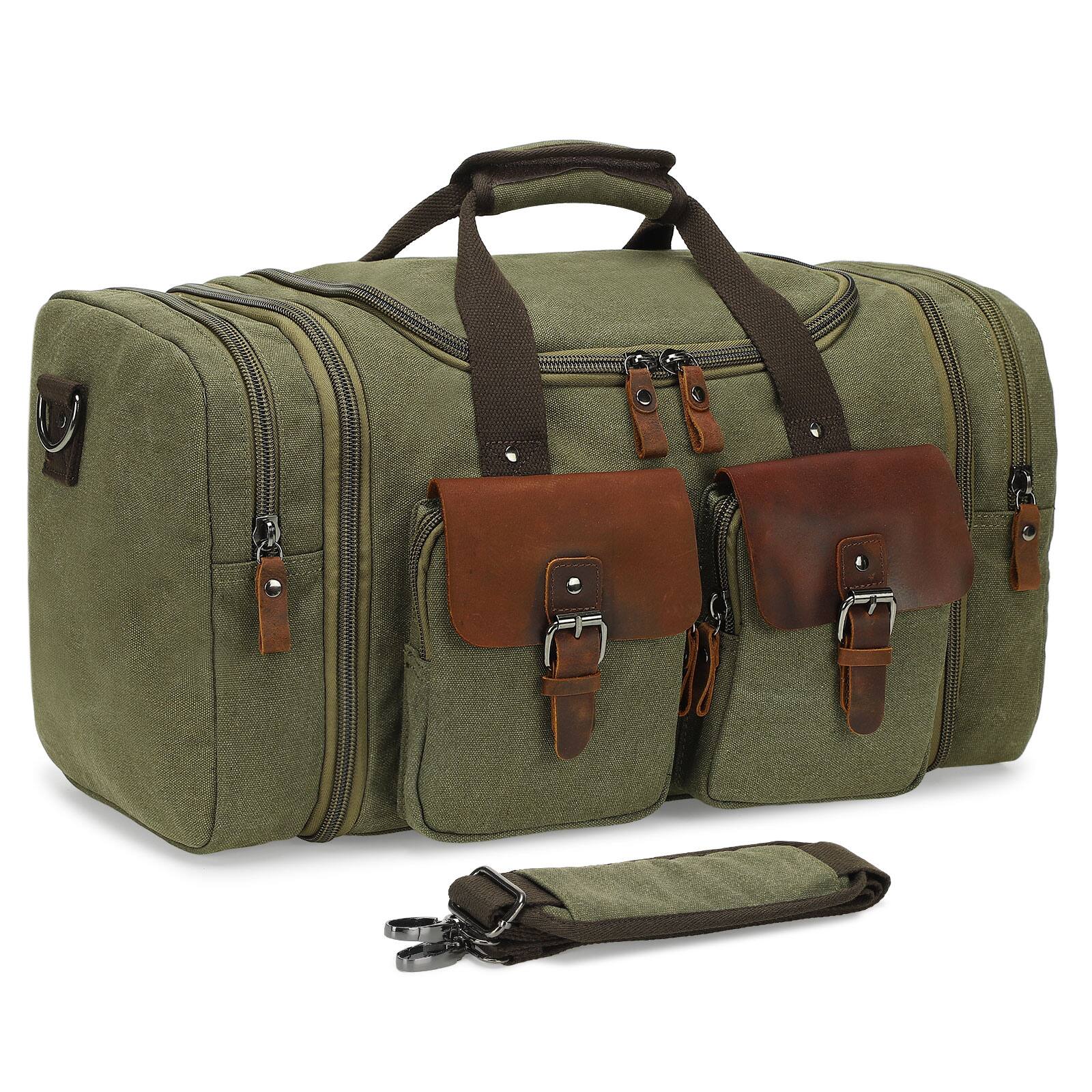 Front. Unique Bargains - Canvas Duffle Bag with Genuine Leather Accents Expandable 20-23 Inch Travel Weekender Multiple Pockets - Green.