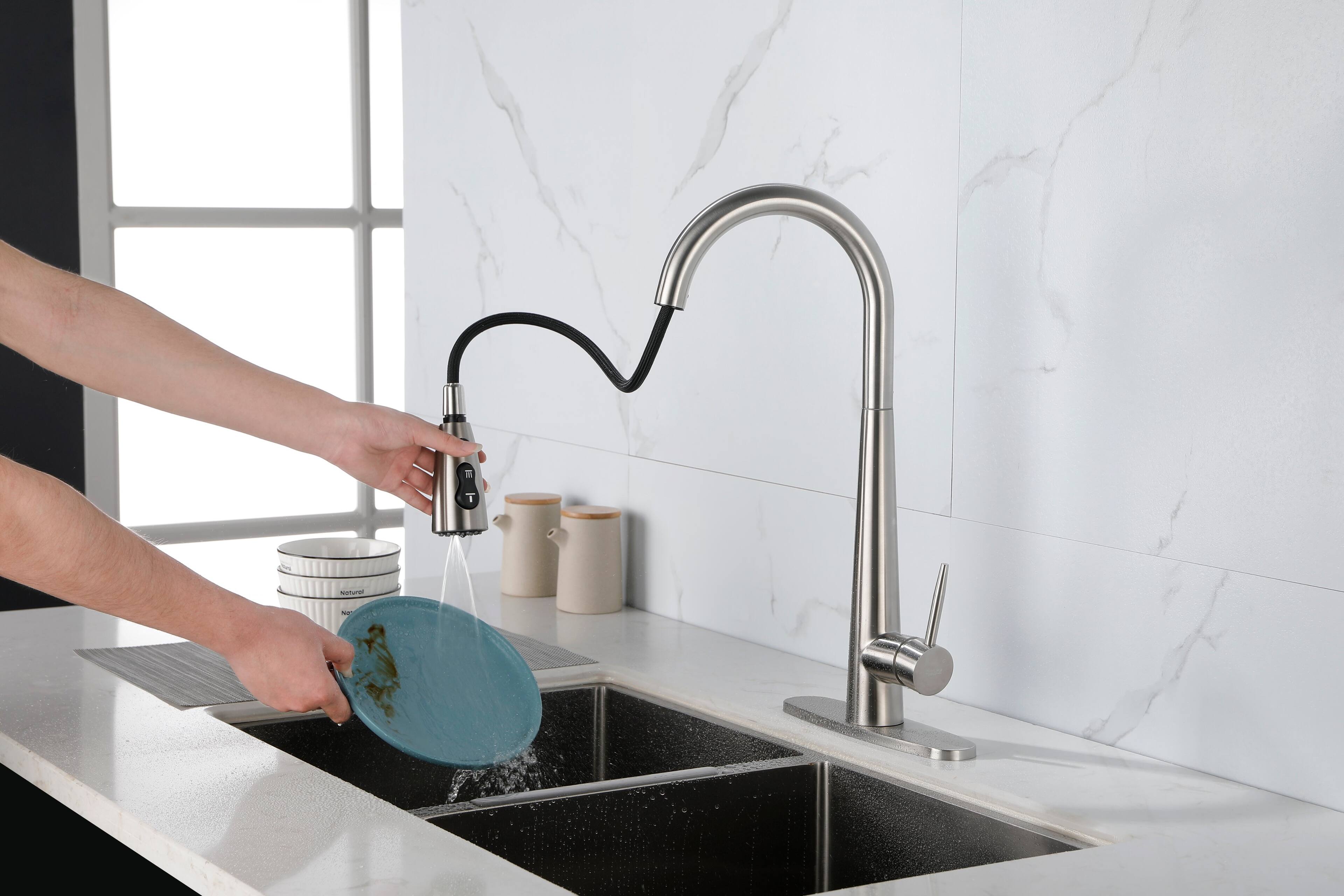 Left. Siljoy - Kitchen Faucet with Pull Down Sprayer Brushed Nickel High Arc Single Handle Commercial Stainless Steel Kitchen Faucets - Brushed Nickel.