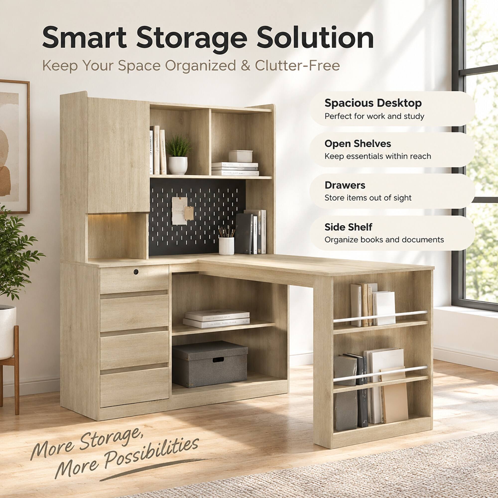 Smart Storage Solution  
Keep Your Space Organized & Clutter-Free

Spacious Desktop  
Perfect for work and study

Open Shelves  
Keep essentials within reach

Drawers  
Store items out of sight

Side Shelf  
Organize books and documents

More Storage, More Possibilities