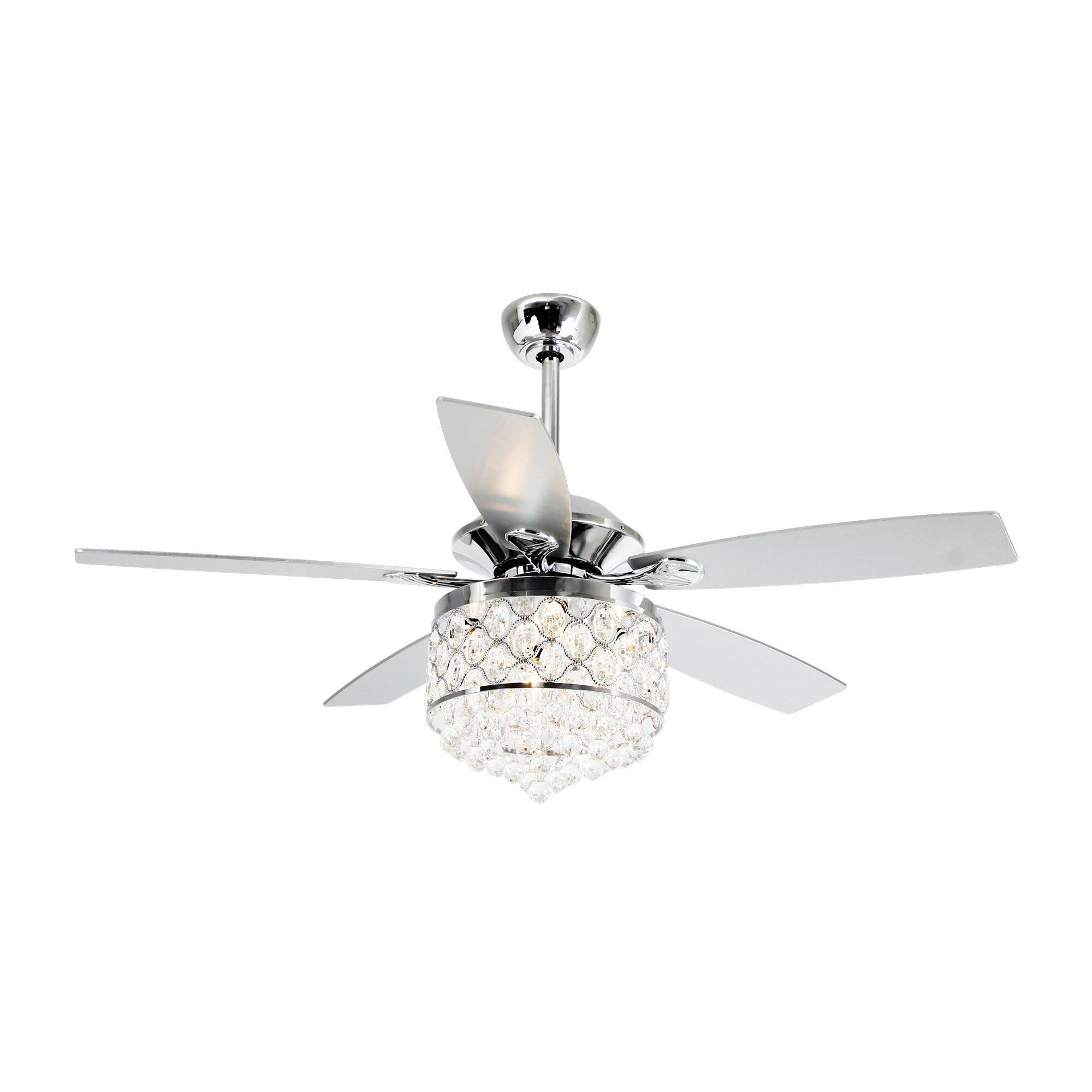 Alt View 2. Parrot Uncle - 52" Modern Silver 5-Blade Crystal Ceiling Fan with Remote Control - Chrome.