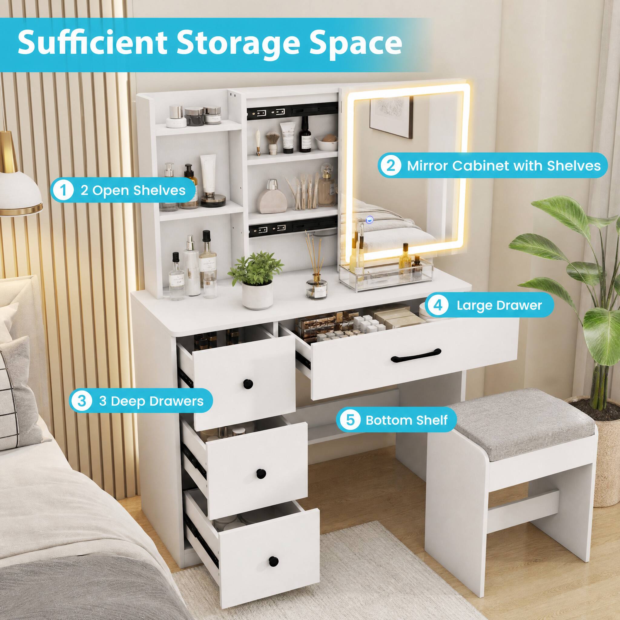Sufficient Storage Space

1. 2 Open Shelves
2. Mirror Cabinet with Shelves
3. 3 Deep Drawers
4. Large Drawer
5. Bottom Shelf