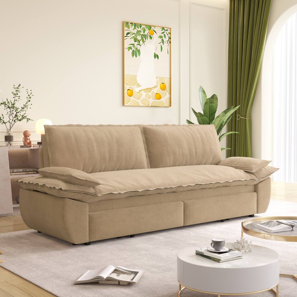 Left. JUJABU - 73.2" Queen Pull Out Sofa Bed, 3-in-1 Convertible Sleeper Sofa, Loveseat Bed, Camel - Camel.