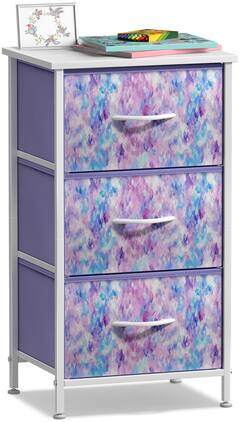 Sorbus - Nightstand with 3 Drawers - Steel Frame, Wood Top &Fabric Bins -Home, Bedroom, Office & College Dorm, Bedside - Purple Tie-Dye