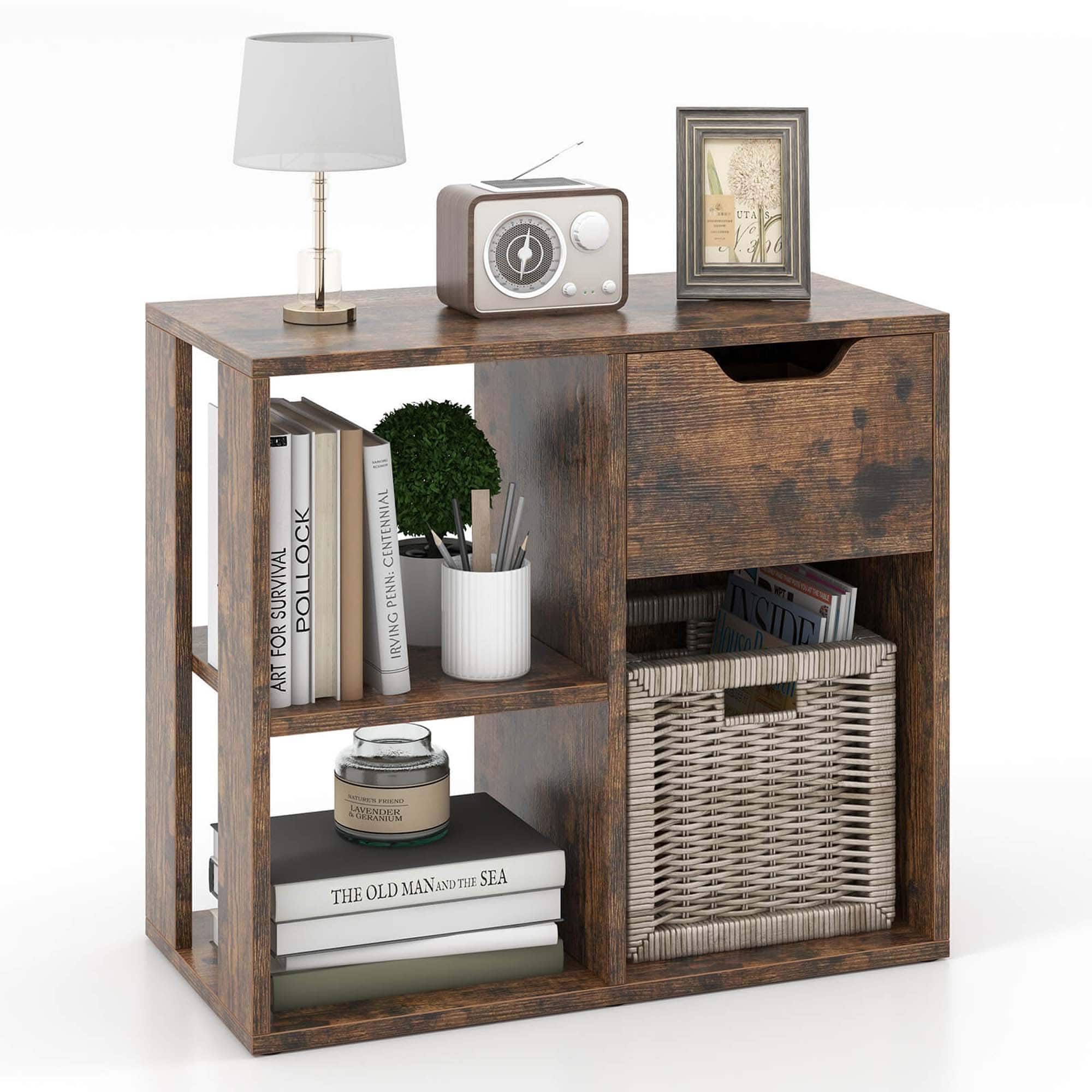 Costway - 1 PCS 3-Cube Bookshelf 2-Tier Open Shelf Bookcase with Drawer Home Storage Organizer - Brown