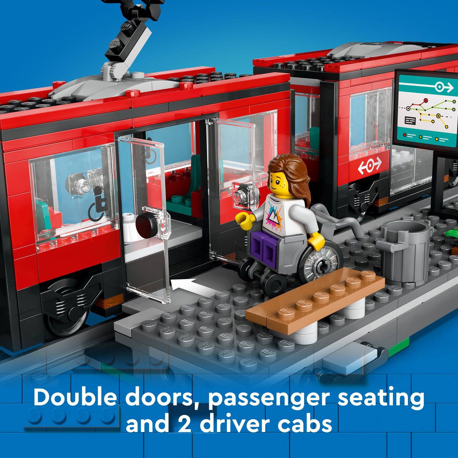 The text on the image reads "Double doors, passenger seating and 2 driver cabs."
