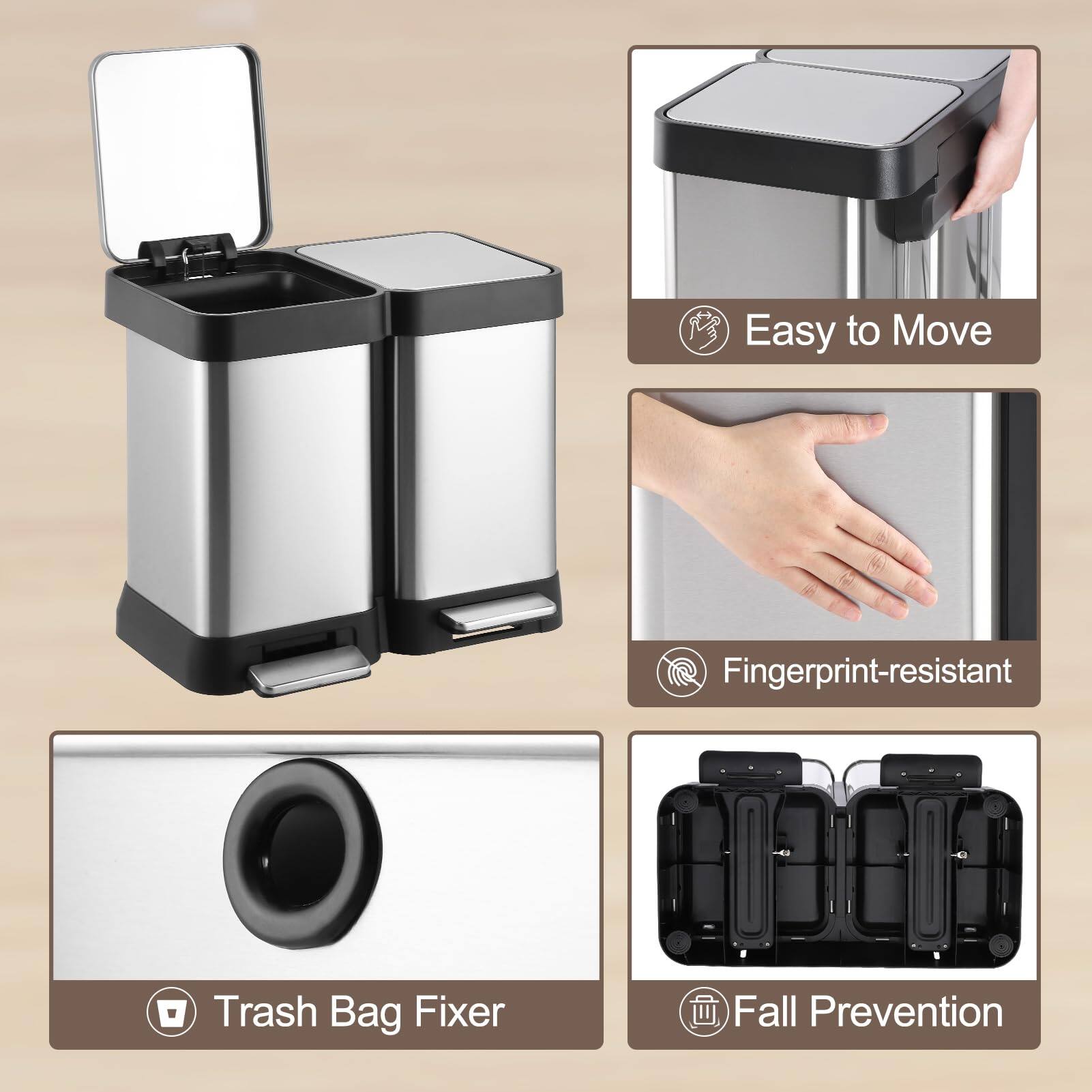 - Easy to Move
- Fingerprint-resistant
- Trash Bag Fixer
- Fall Prevention