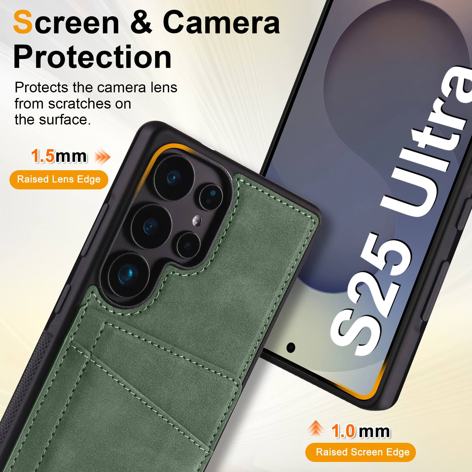 Screen & Camera Protection  
Protects the camera lens from scratches on the surface.  

1.5mm Raised Lens Edge  
1.0 mm Raised Screen Edge