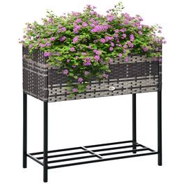 Outsunny - Raised Garden Bed, Elevated Planter Box with Rattan Wicker Look, Tool Storage Shelf, Portable Design for Herbs - Gray