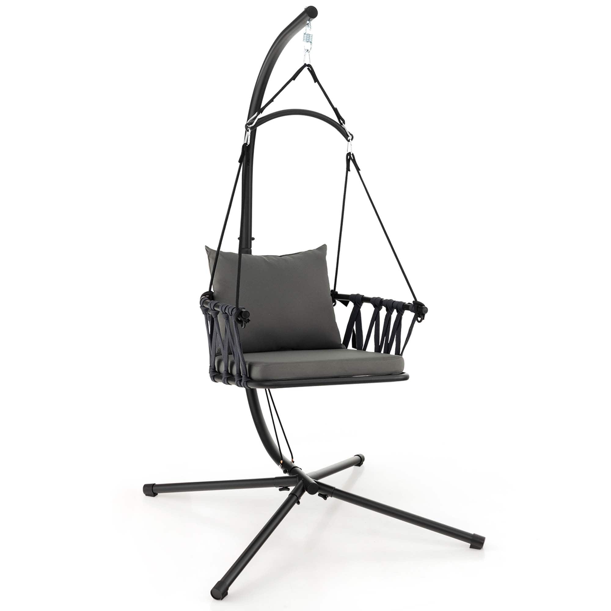 Front. Costway - Costway Hanging Swing Hammock Chair with Stand Metal Frame Woven Backrest Seat  Cushions - Black,Grey.