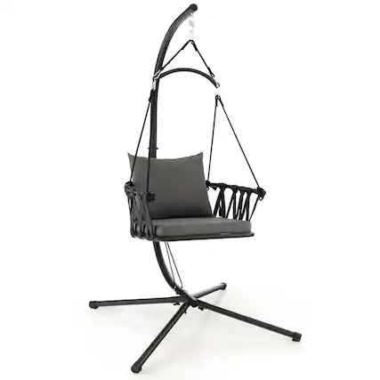 Front. Costway - Costway Hanging Swing Hammock Chair with Stand Metal Frame Woven Backrest Seat Cushions - Black,Grey.