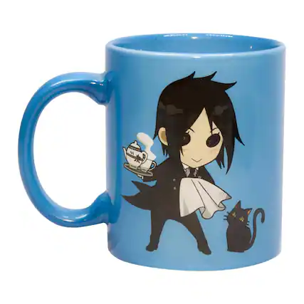 Front. Surreal Entertainment - Black Butler Mug | Black Butler Chibi Sebastian and Cat Coffee Mug - Blue.