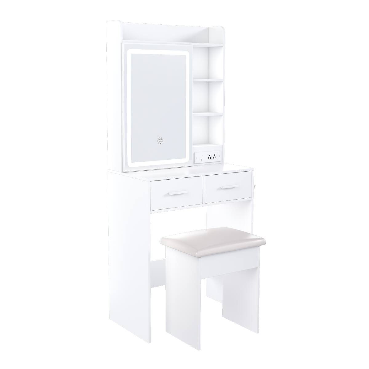 Alt View 7. Loheer - Loheer Small Makeup Vanity Desk with Mirror, White Upholstered Stool and Hidden Storage - White.