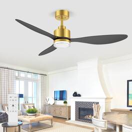 Breezary - 52-Inch Modern LED Ceiling Fan with Remote, 6'' Downrod, 3 ABS Blades, 6-Speed DC Motor, Reversible & Timer - Black and gold