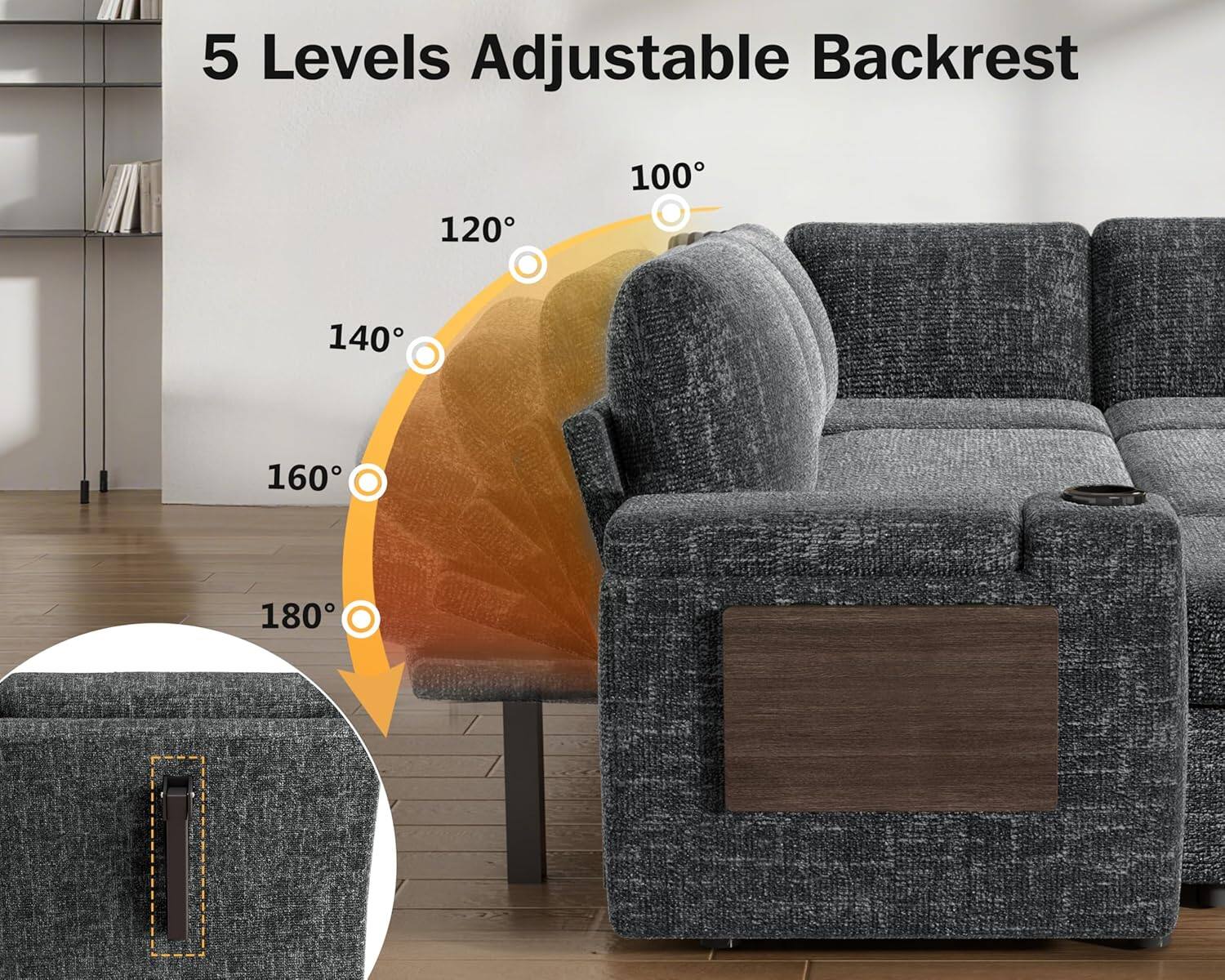 5 Levels Adjustable Backrest

100°  
120°  
140°  
160°  
180°