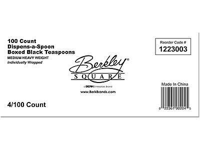 100 Count Dispens-a-Spoon Boxed Black Teaspoons  
MEDIUM HEAVY WEIGHT  
Individually Wrapped  

Berkeley SQUARE  
DCFV Enterprises Brand  
www.BerkBrands.com  

Reorder Code # 1223003  

Made in China  

4/100 Count  

0 22361 90204 5