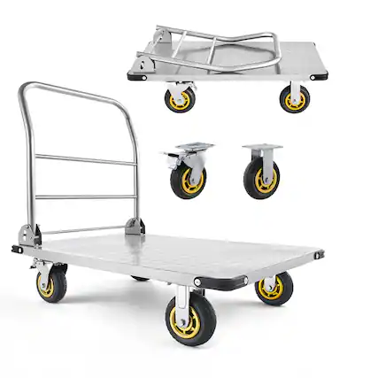Front. VEVOR - Platform Truck, 2000 lbs Capacity, Heavy Duty Steel Flatbed Cart with Swivel Wheels and Handle, Foldable Platform Hand - Silver.