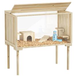 Pawhut - Wooden Hamster Cage with Legs, Gerbil Cage with Seesaw, Hut, Water Bottle, Food Dish, Syrian, Dwarf, Mouse