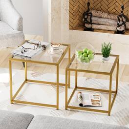 Hanke - Coffee Table Modern Faux Marble Nesting Metal Frame Square Center Side Tables For Living Room Bedroom And - Gold 19.7"