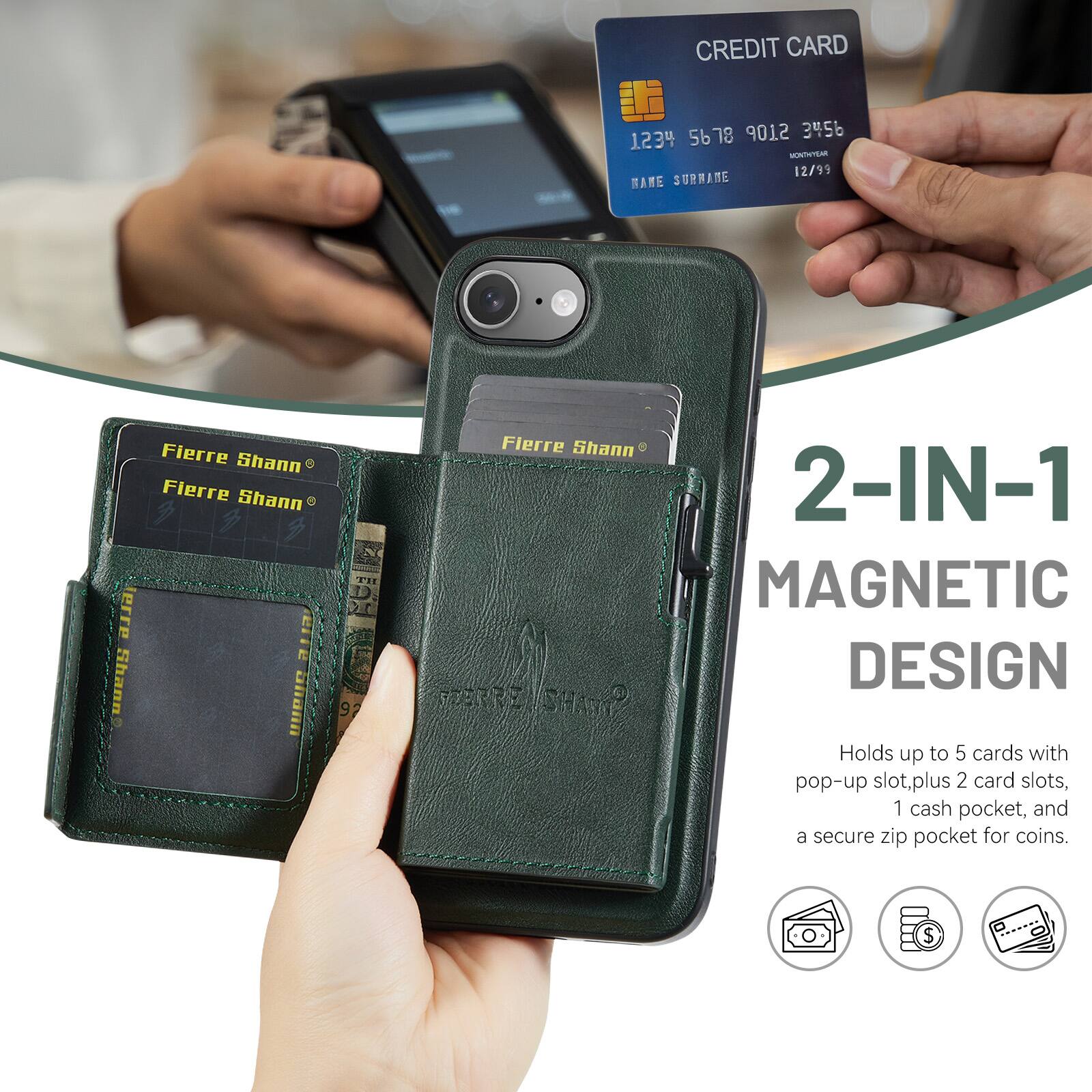 CREDIT CARD 5678 9012 3456 1234  
MONTH/YEAR 12/99  
NAME SURNAME Fierre Shann  

Fierre Shann  
Fierre Shann  
2-IN-1 MAGNETIC DESIGN  
Holds up to 5 cards with pop-up slot, plus 2 card slots, 1 cash pocket, and a secure zip pocket for coins.