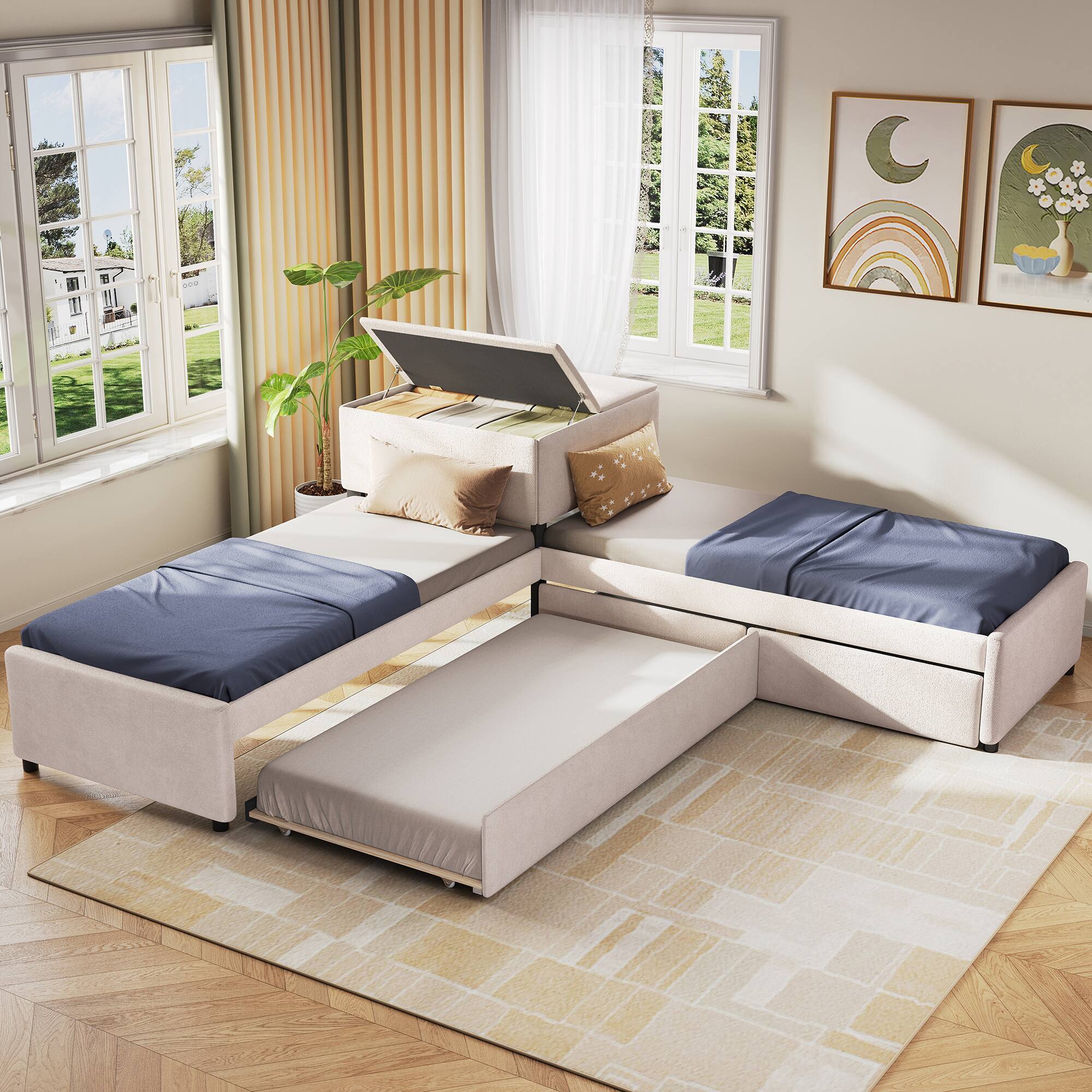 Whisen - Twin Size 3-Bed L-Shaped Platform Bed with Trundle, Storage Drawers, Built-in Desk, Linen Upholstery - Beige