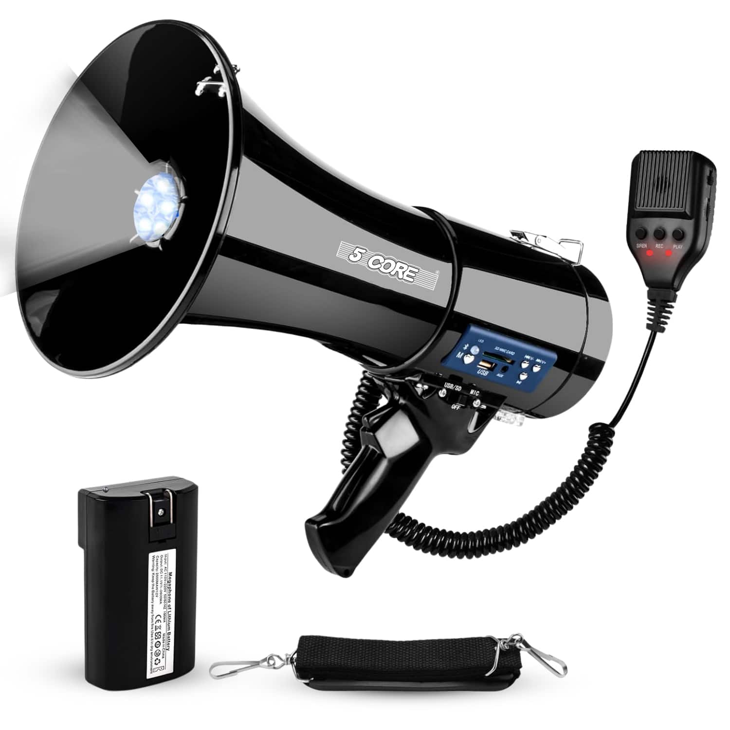 5 CORE - Megaphone Bullhorn 50W Speaker w Bluetooth Siren Adjustable Volume Loud Portable PA System - Black