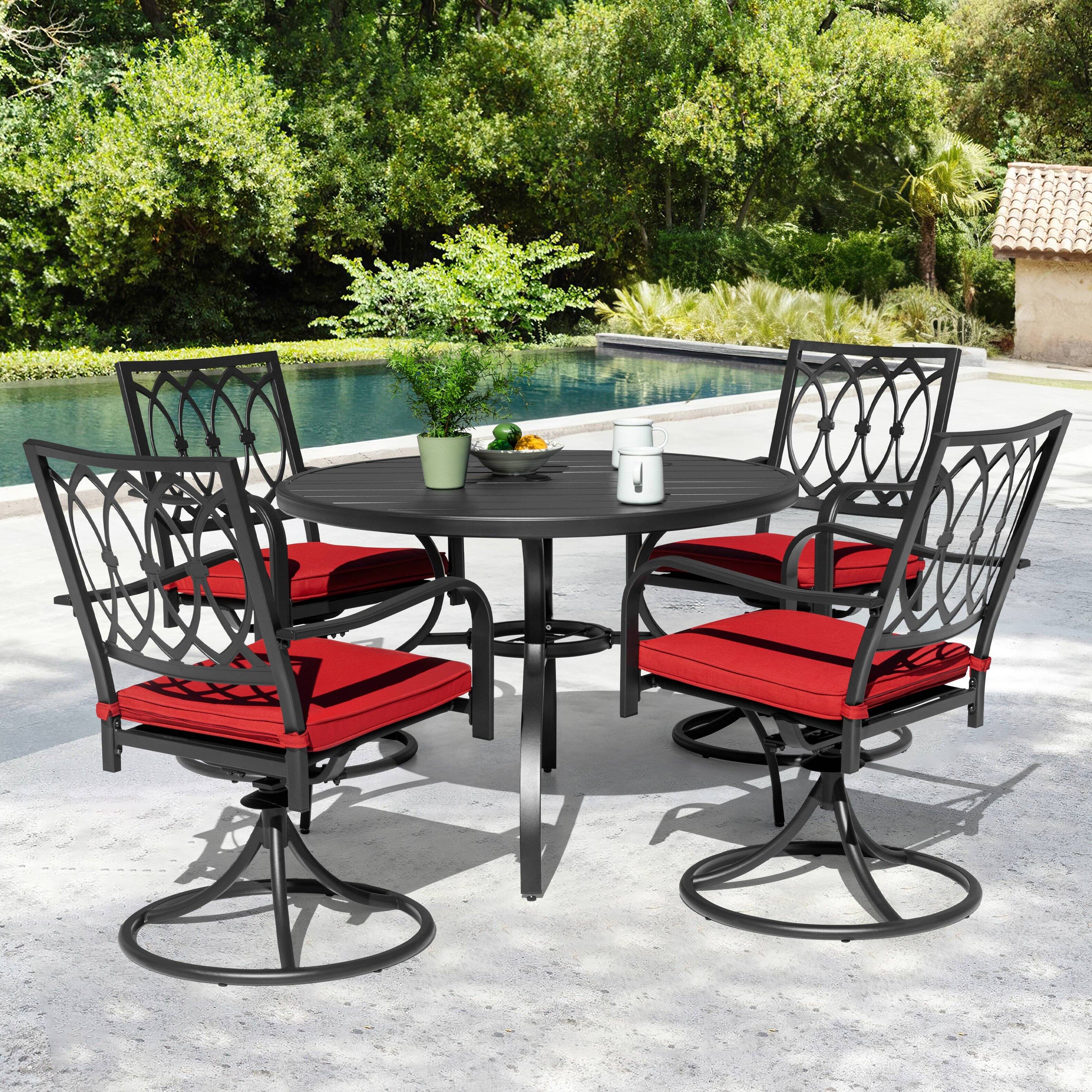 Angle. Nuu Garden - 5-Piece Metal Outdoor Dining Set with Umbrella Hole and 4 Swivel Chairs - Black and Red.