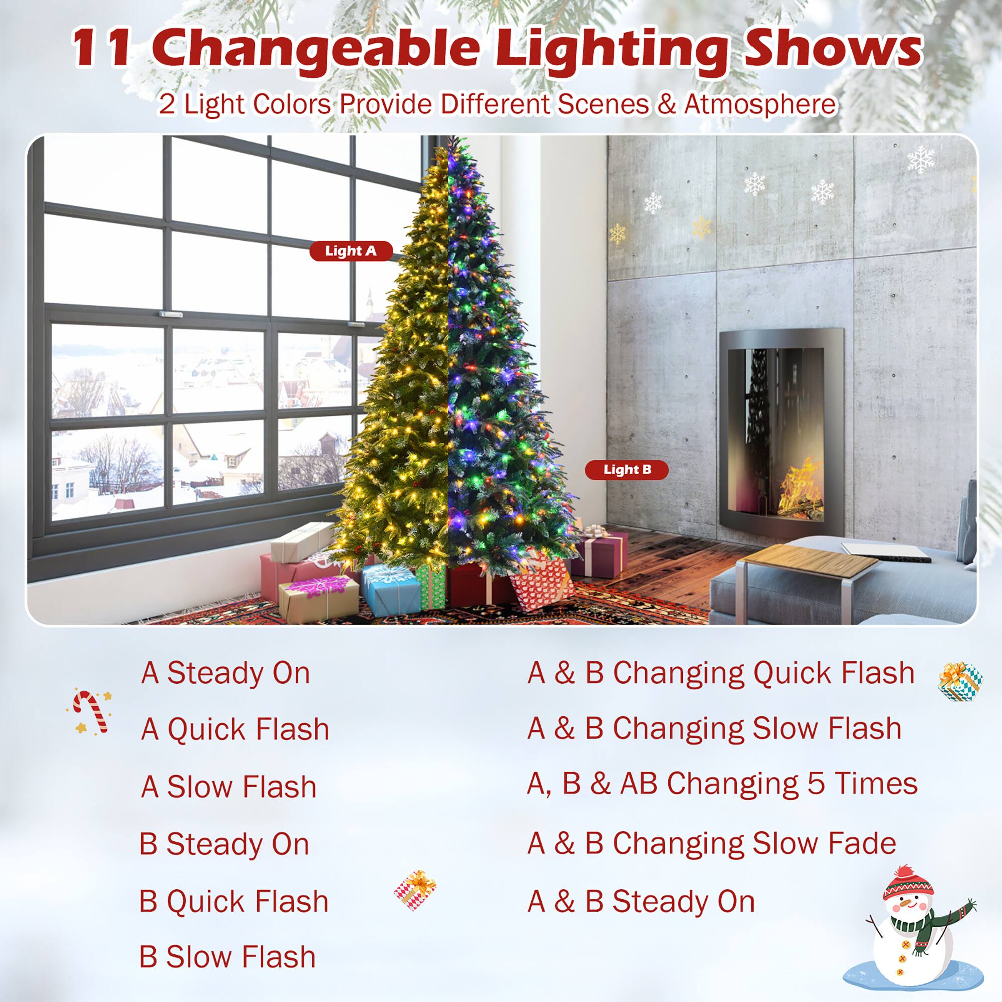 11 Changeable Lighting Shows
2 Light Colors Provide Different Scenes & Atmosphere
Light A: Steady On
Light B: A Quick Flash
A & B: Changing Quick Flash
A & B: Changing Slow Flash
A, B & AB: Changing 5 Times
A & B: Changing Slow Fade
A & B: Steady On