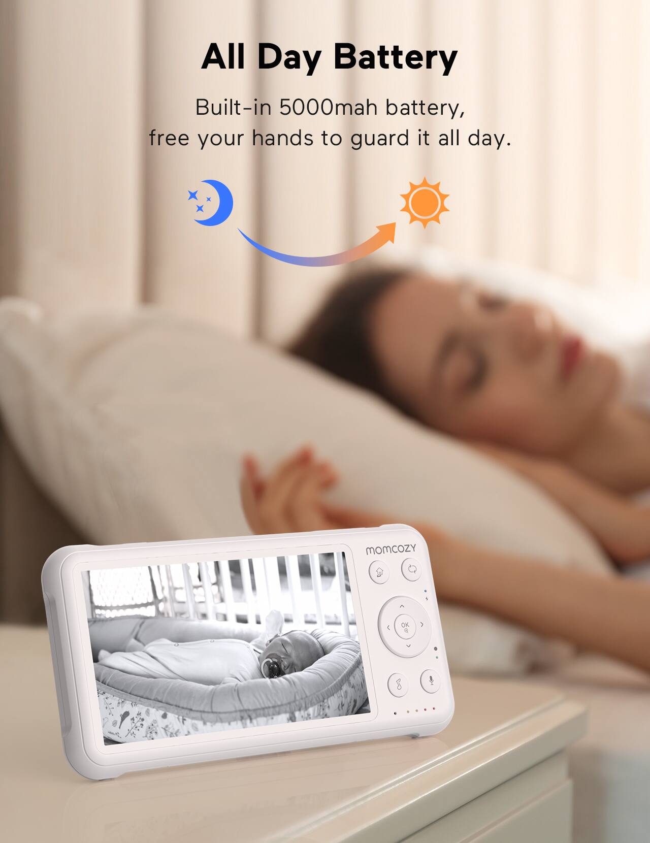 All Day Battery, Built-in 5000mah battery, free your hands to guard it all day. momcozY OK