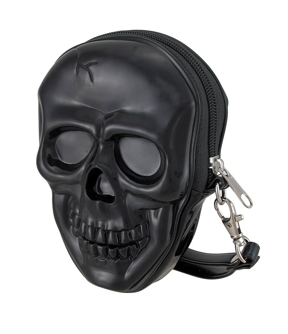 Alt View 1. Zeckos - Glossy Black Molded Skull Shaped Wristlet Purse w/Removable Strap - Black.