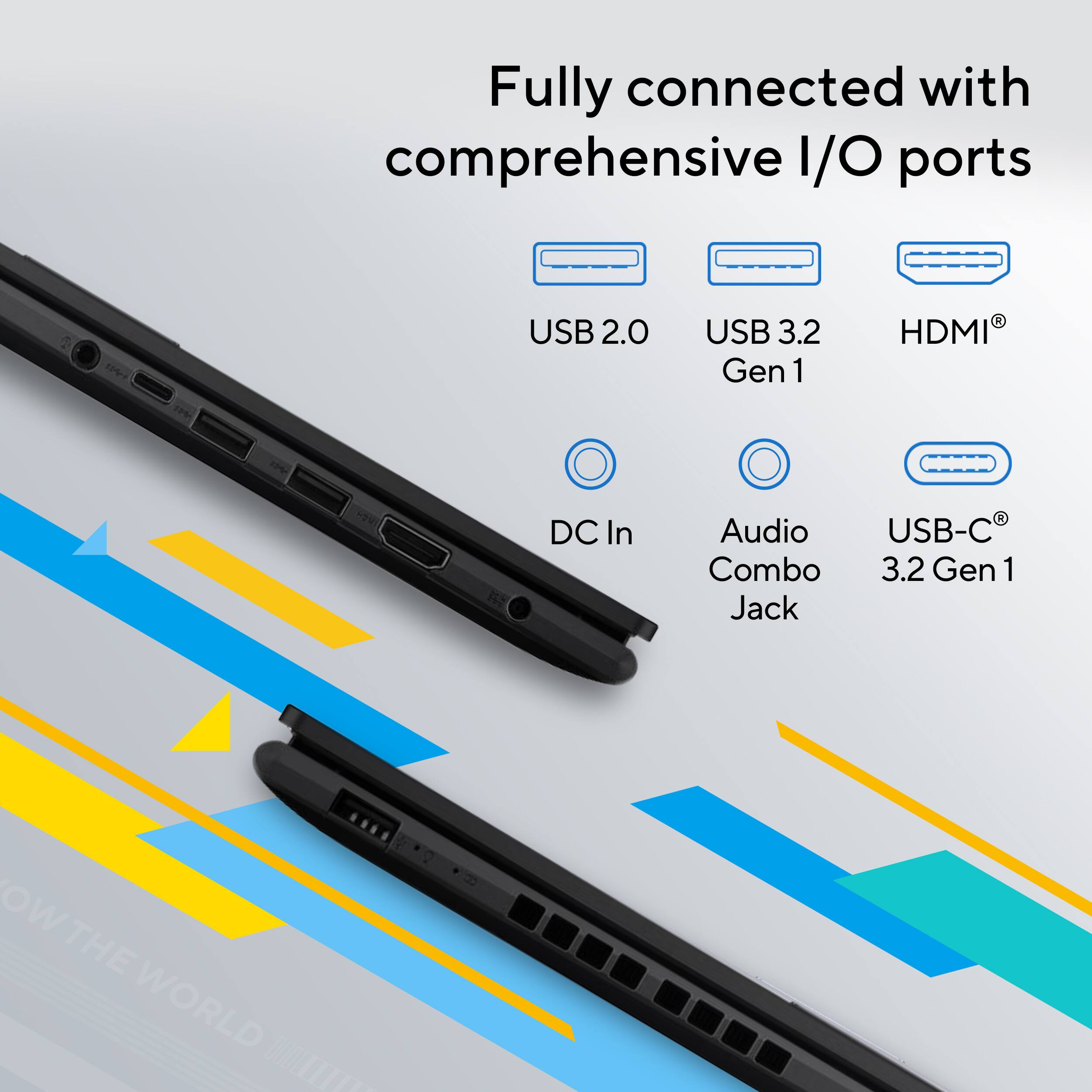 Fully connected with comprehensive I/O ports: USB 2.0, USB 3.2 Gen 1, HDMI, DC In, Audio, USB-C Combo 3.2 Gen 1, Jack.