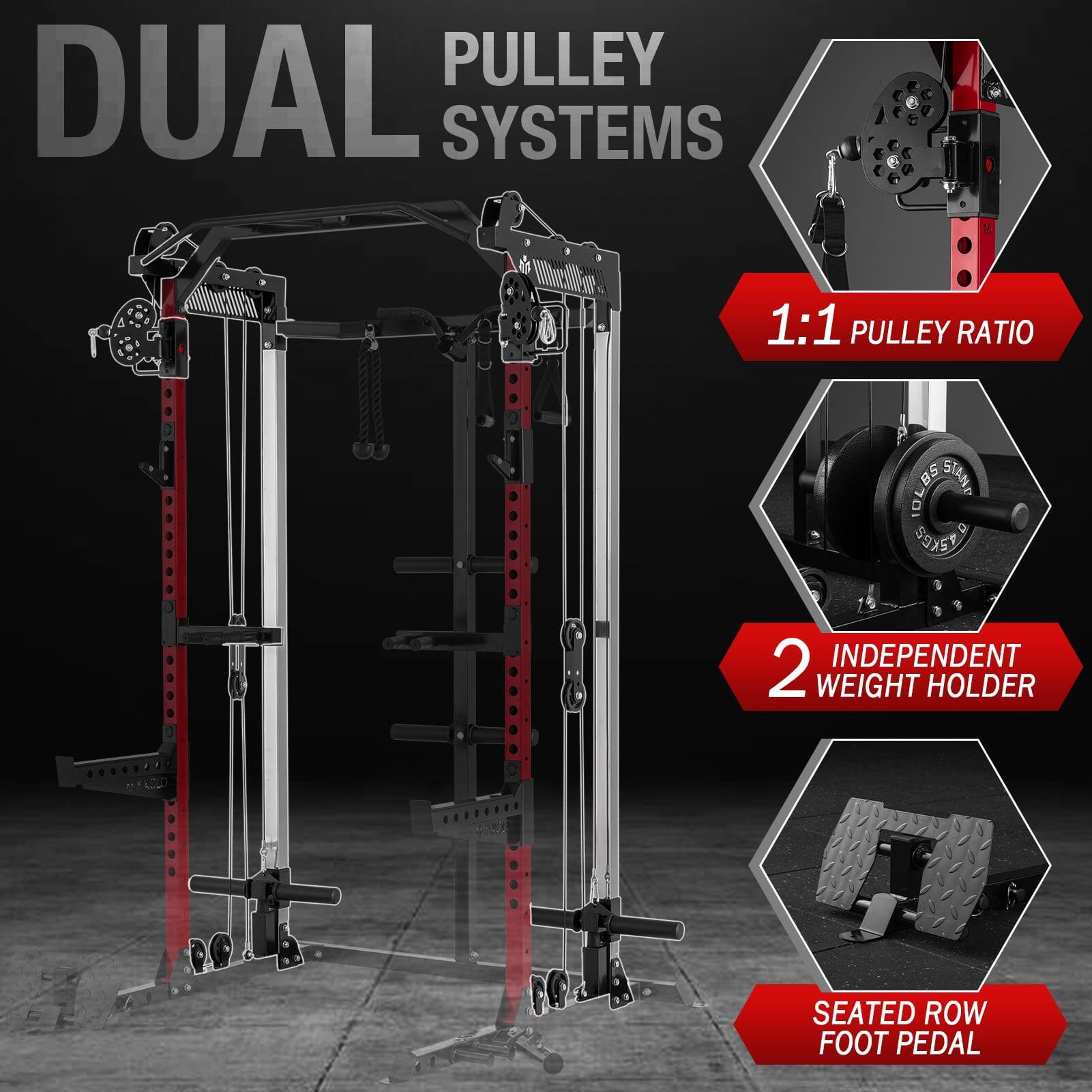 DUAL PULLEY SYSTEMS 1:1 PULLEY RATIO - 2 INDEPENDENT WEIGHT HOLDER - SEATED ROW FOOT PEDAL