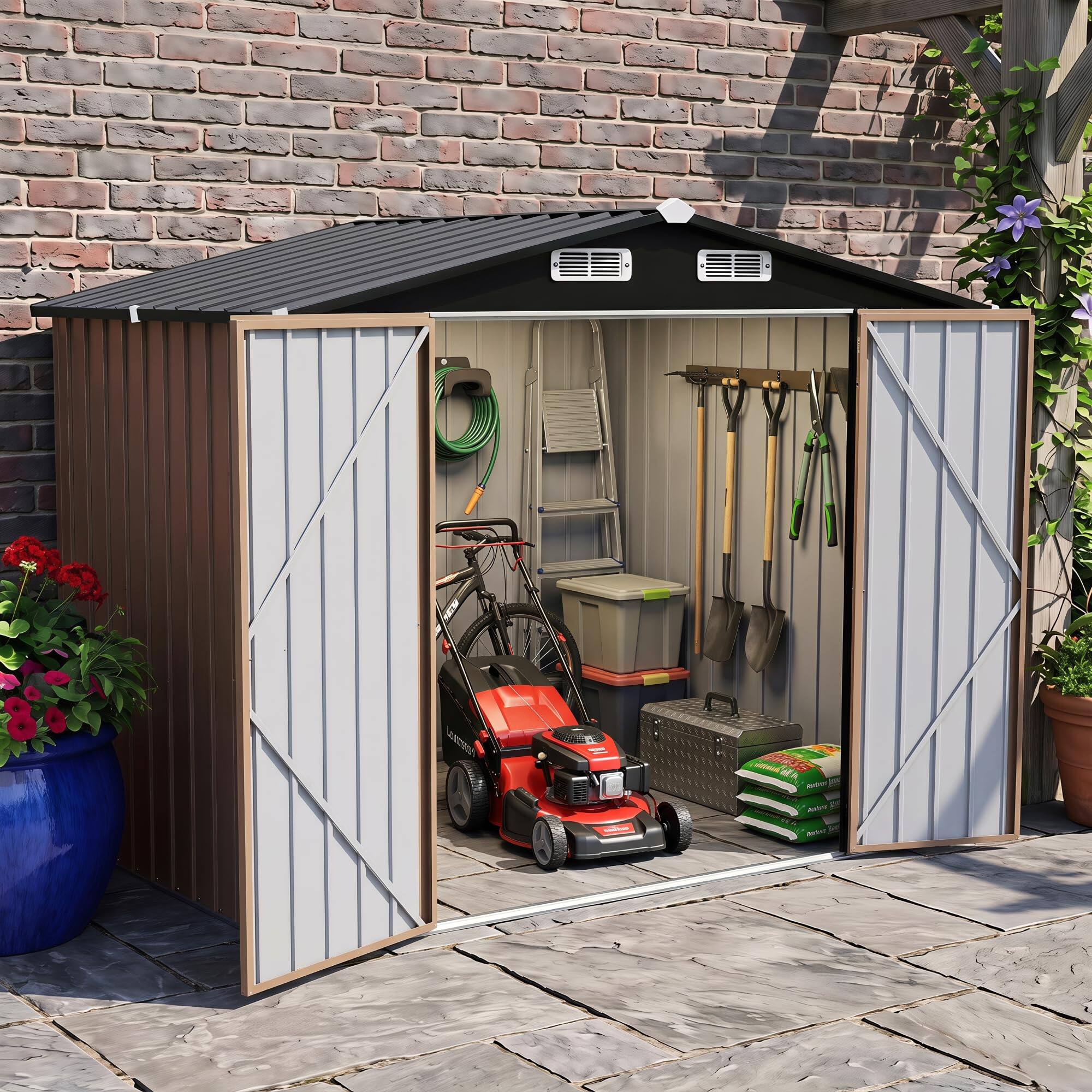 Alt View 1. LAUSAINT HOME - 8x6 FT Galvanized Steel Shed Double Lockable Doors Gable Roof and Vent for Backyard Patio Garden Brown - Brown.
