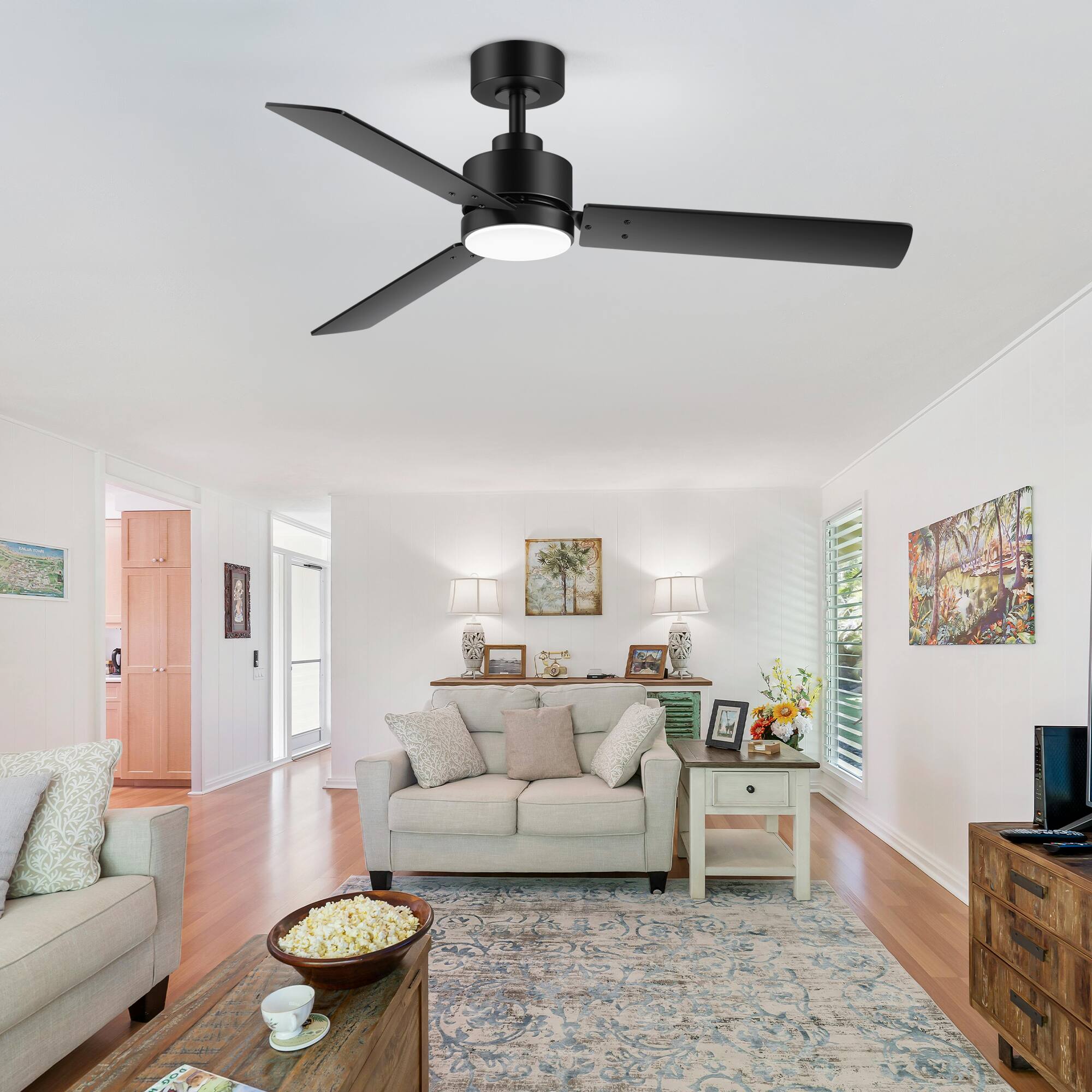 Left. Breezary - 48-Inch Indoor Ceiling Fan with 3 Plywood Blades, DC Motor, 6-Speed Remote, 5'' Downrod,  Light/No Light, 1 or 2-Pack - Black (With Light).