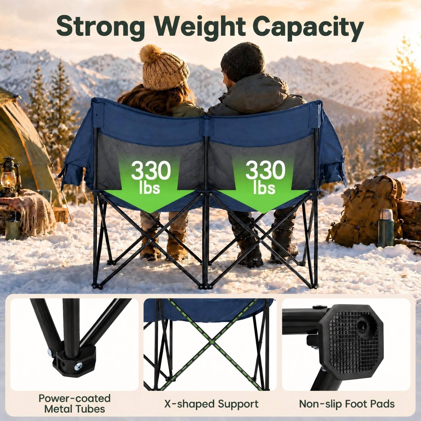 Strong Weight Capacity  
330 lbs  
330 lbs  
Power-coated Metal Tubes  
X-shaped Support  
Non-slip Foot Pads