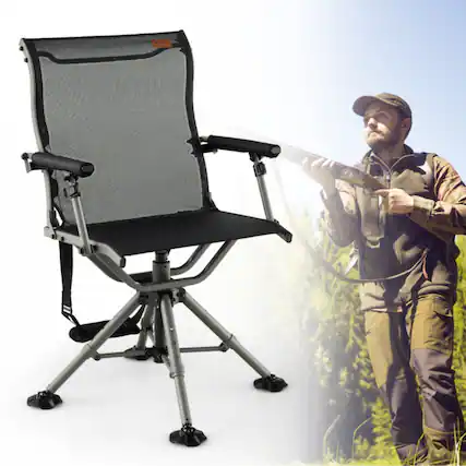 Front. Mondawe - Adjustable Folding Swivel Hunting Chair w Aluminum Legs & Carry Strap Outdoor Blind Seat - Black.