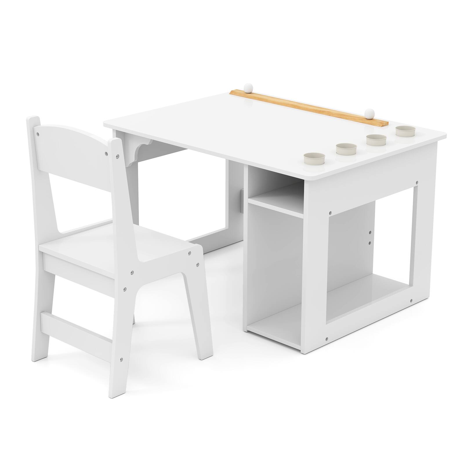 Alt View 9. Gymax - Gymax Kid's Art Table & Chair Set w/ Paper Roll 4 Paint Cups & 2 Storage Shelves - White.