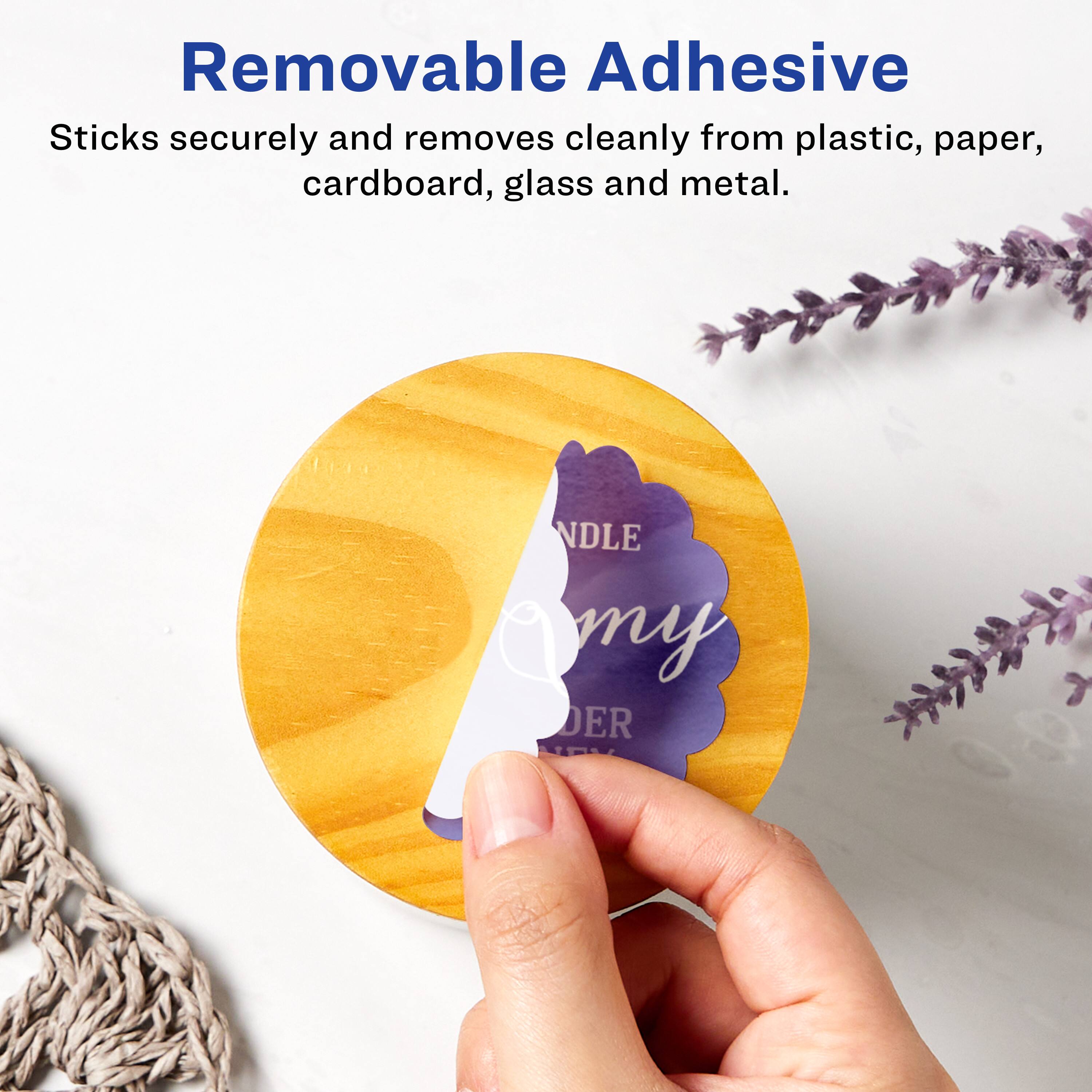 Removable Adhesive  
Sticks securely and removes cleanly from plastic, paper, cardboard, glass and metal.