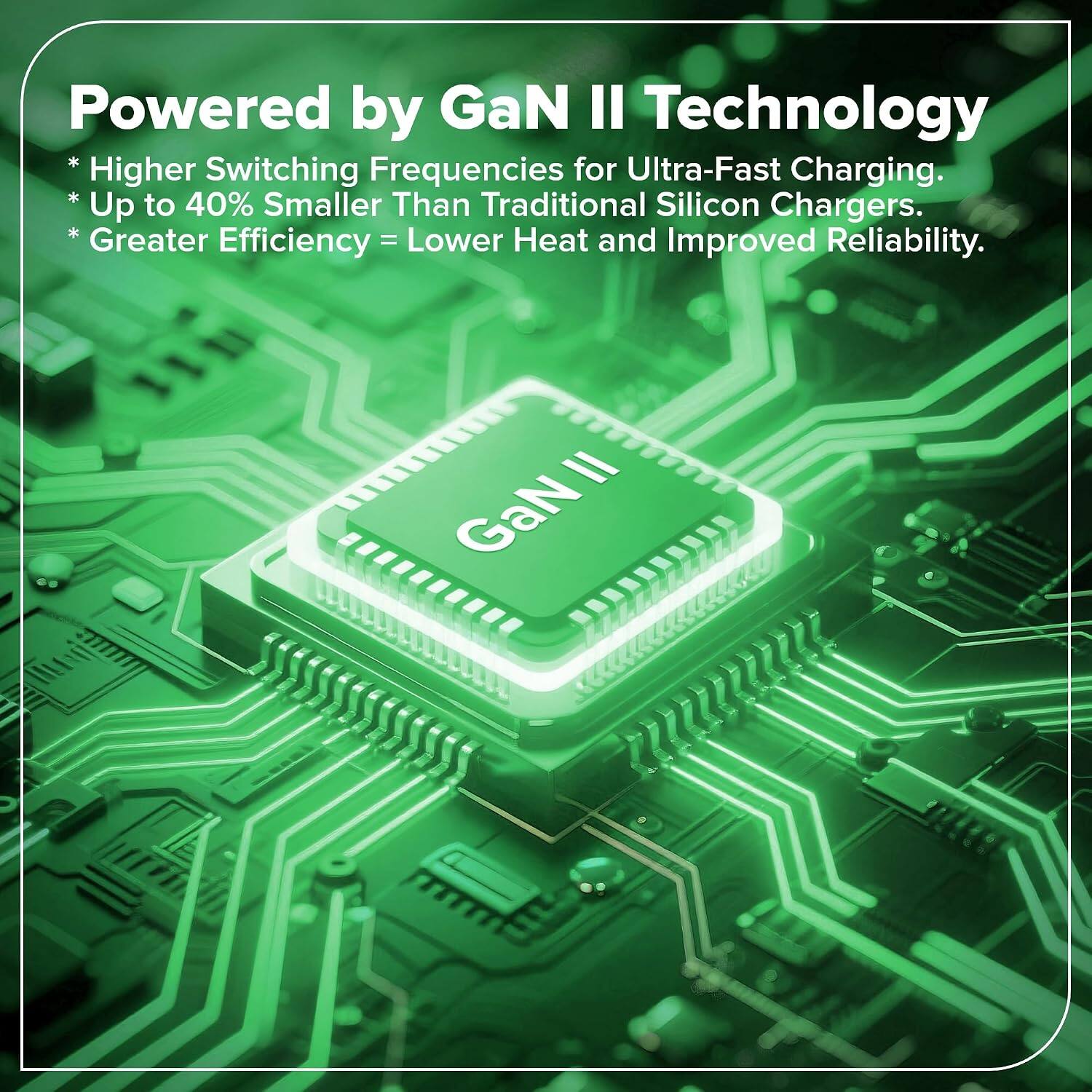 Powered by GaN II Technology  
Higher Switching Frequencies for Ultra-Fast Charging.  
Up to 40% Smaller Than Traditional Silicon Chargers.  
Greater Efficiency = Lower Heat and Improved Reliability.