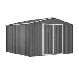 RYHNUYNE - 10x10 FT Galvanized Steel Shed Lockable Doors Sloped Roof Backyard Patio - Gray
