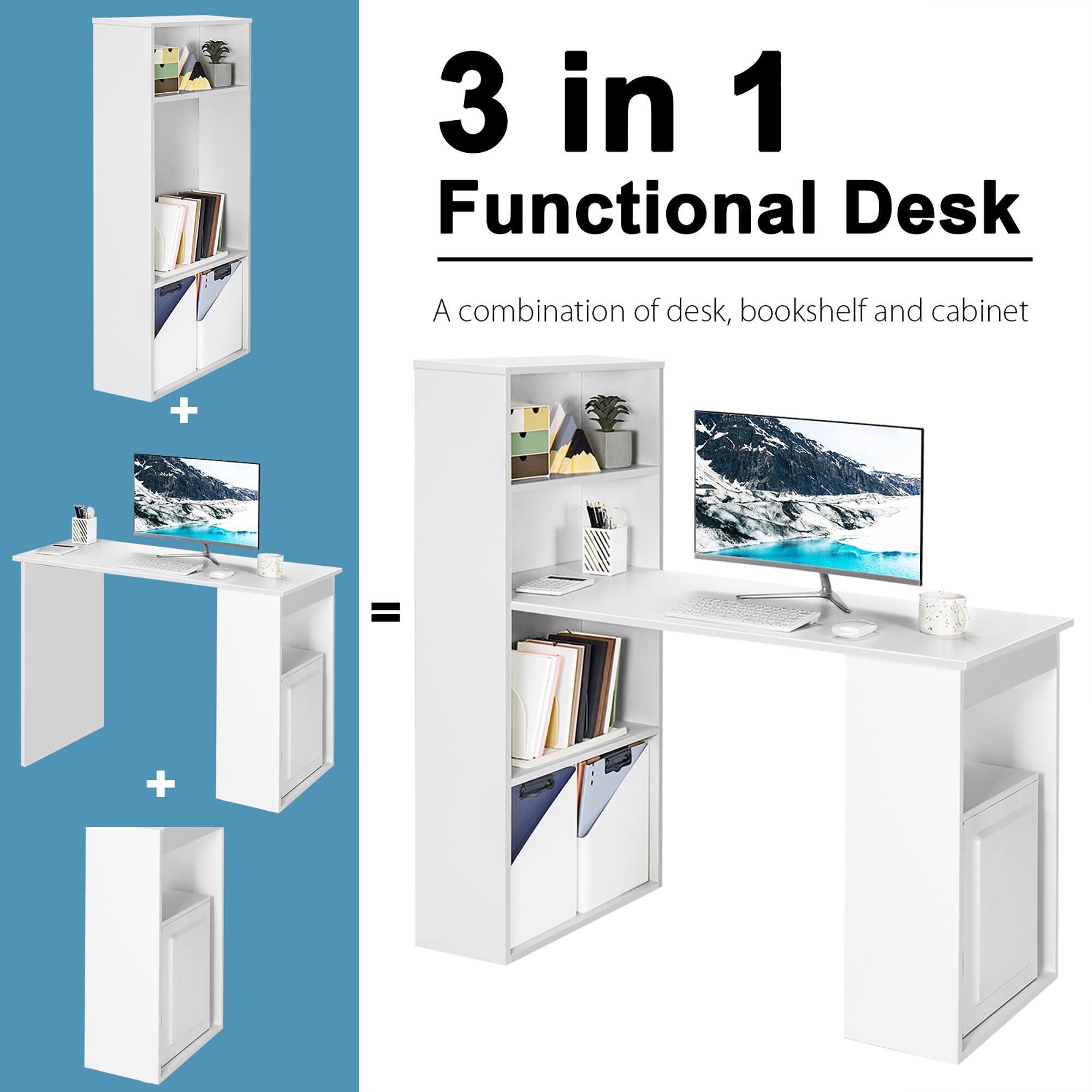 3 in 1 Functional Desk
A combination of desk, bookshelf and cabinet
+ = +