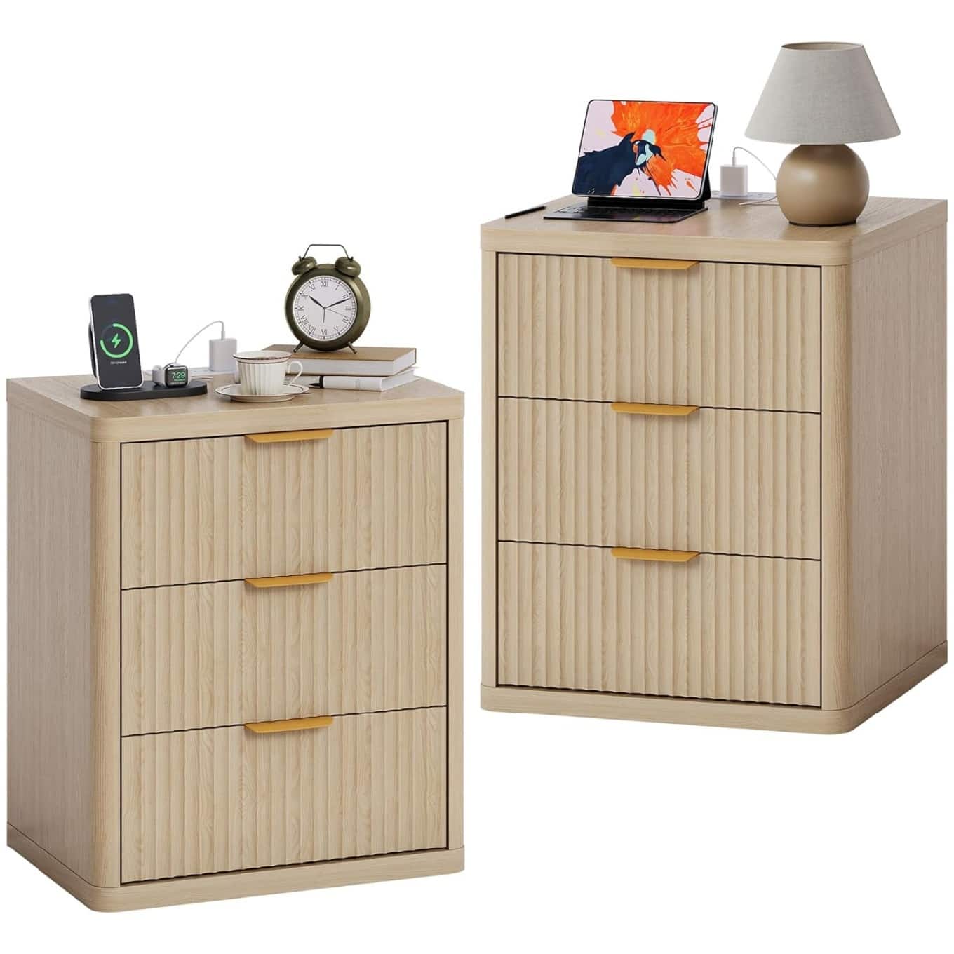 GARVEE - Fluted Nightstand Set of 2, Bedside Table Built-in Charging Station, Featuring 3 Drawer & Open Storage Space - Natural