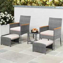Mondawe - 5-Piece Freestanding Patio Conversation Set with Cushions, Ottomans, and Side Table - Mix Grey+Beige