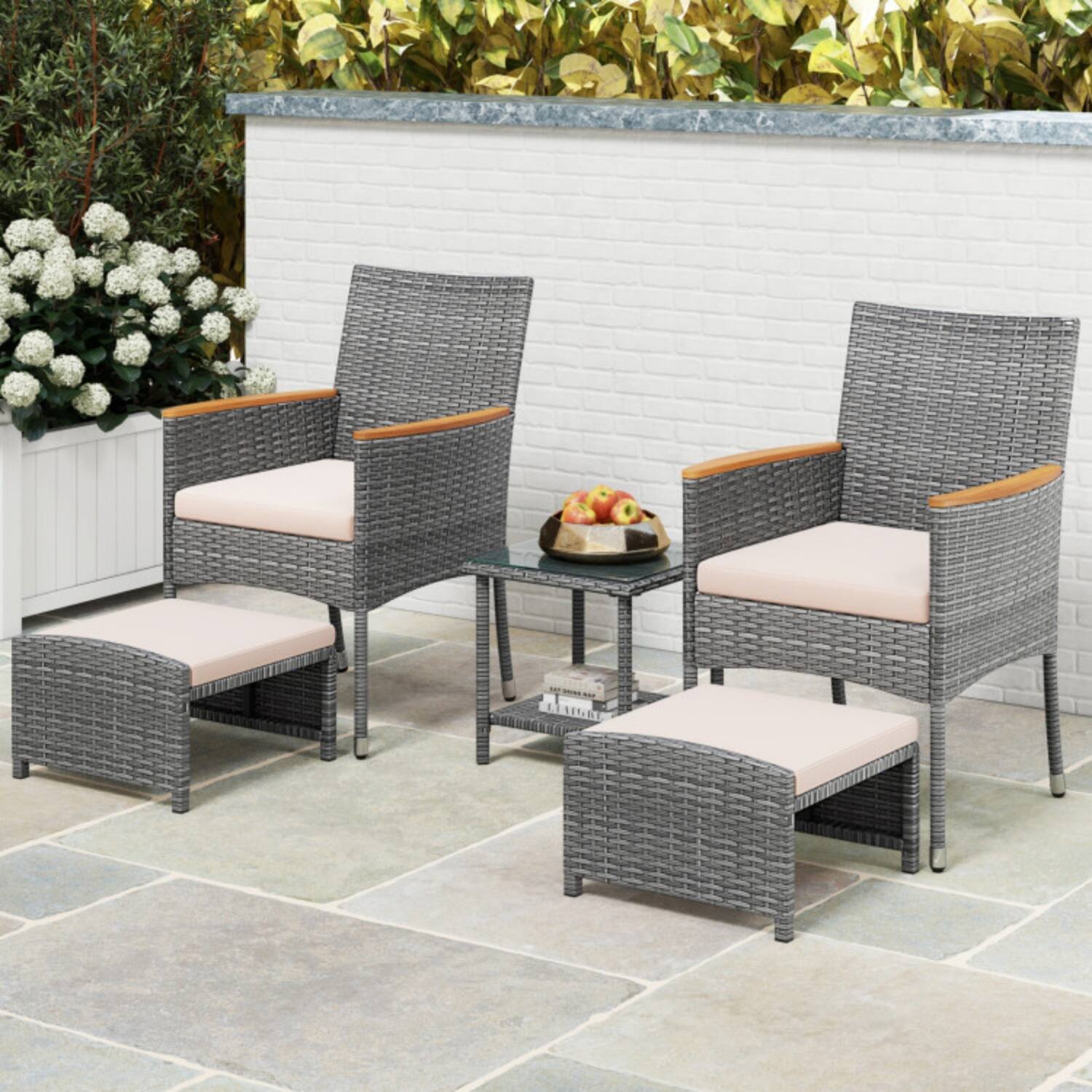 Front. Mondawe - 5-Piece Freestanding Patio Conversation Set with Cushions, Ottomans, and Side Table - Mix Grey+Beige.