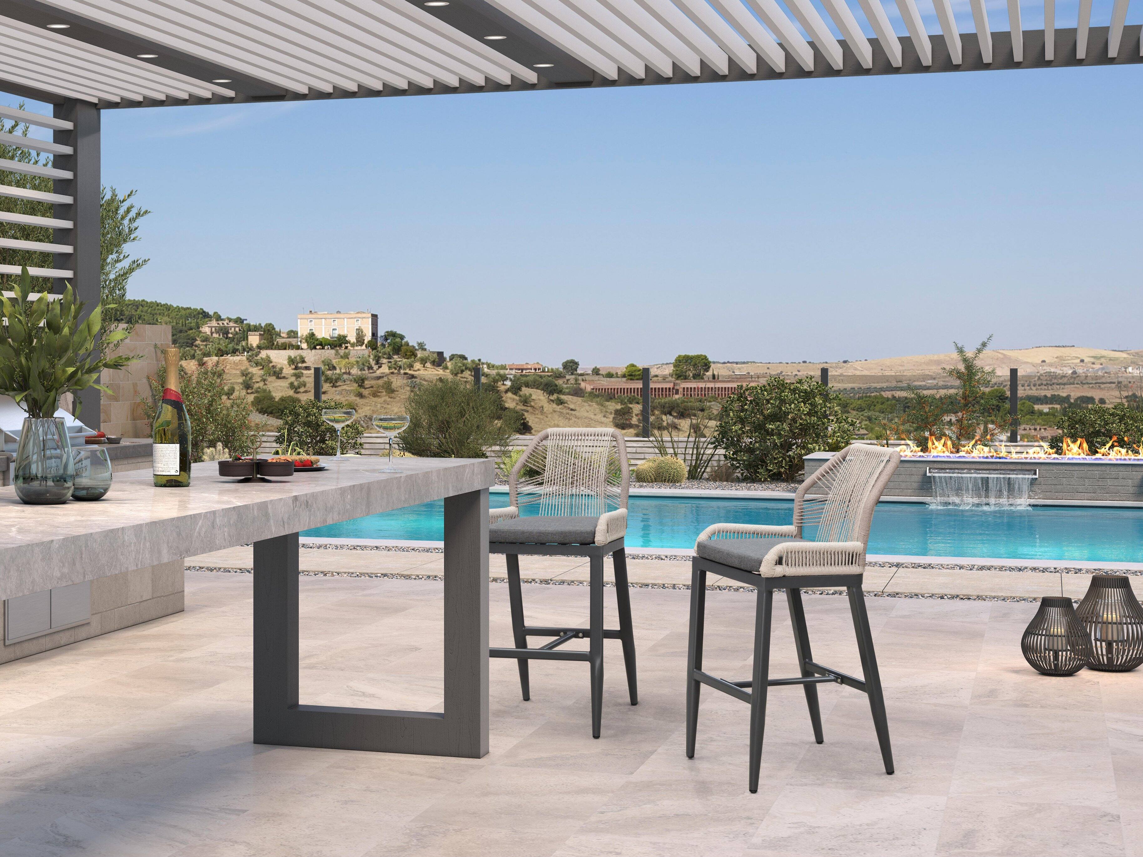 Alt View 3. PURPLE LEAF - Patio Outdoor Bar Stool Bar/Counter Height Set of 2 Rattan Chair with Back Modern Aluminum Woven Barstools for Garden - Grey-Bar Stool.