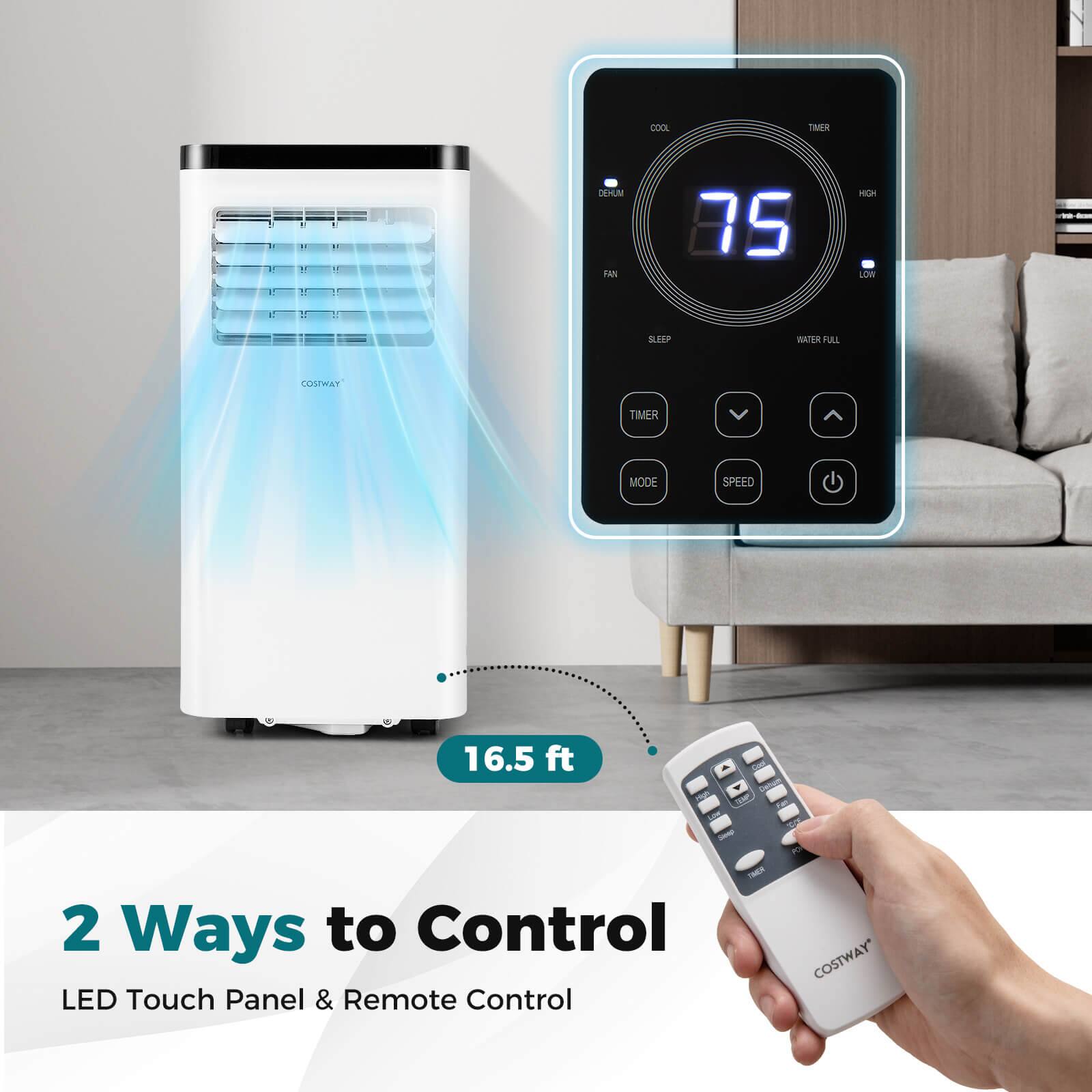 The text on the image is already grouped and correctly written. It reads: "2 Ways to Control LED Touch Panel & Remote Control COSTWAY."