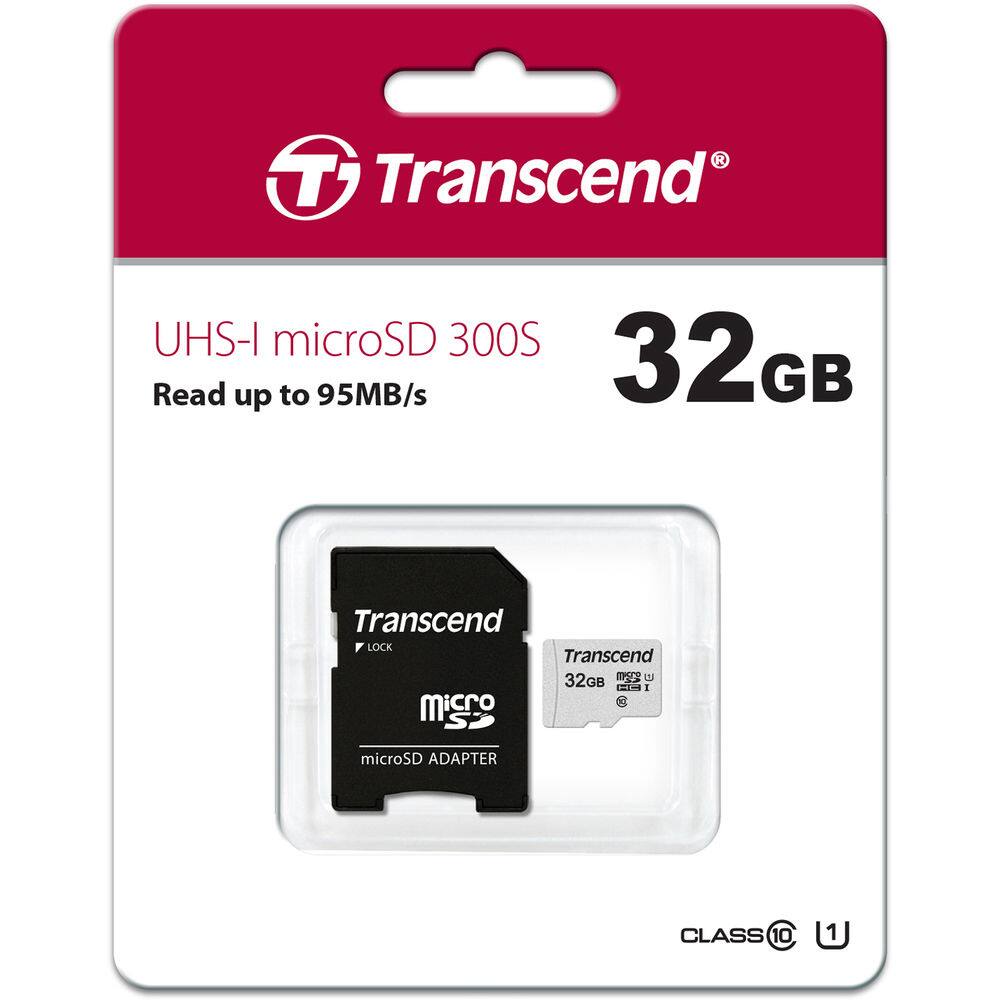 Transcend UHS-I microSD 300S  
Read up to 95MB/s  
32GB  
Transcend LOCK  
Transcend 32GB microSD  
microSD ADAPTER  
CLASS 10  
U1