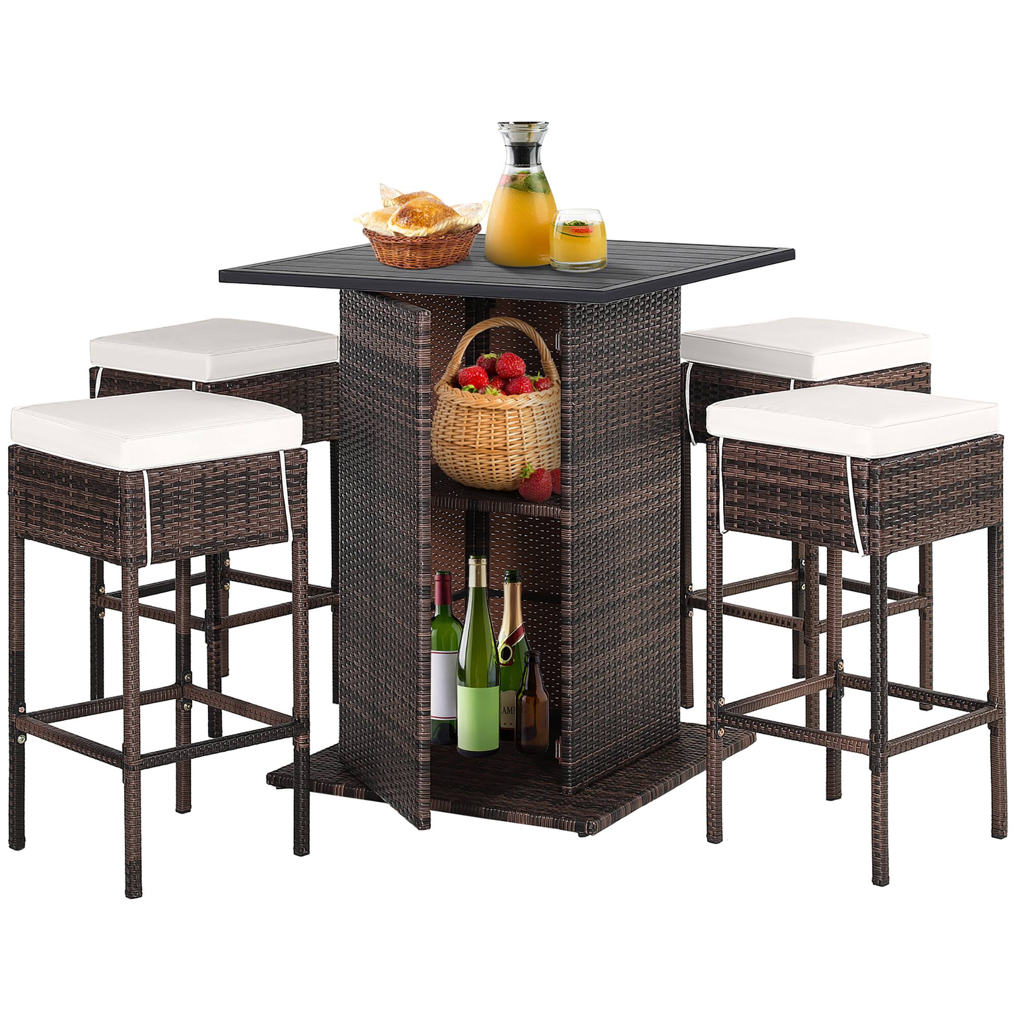 Alt View 9. Gymax - Gymax 5PCS Patio Bar Set Rattan Bar Furniture Set w/ Table & 4 Cushioned Stools - Brown + Beige + Black.
