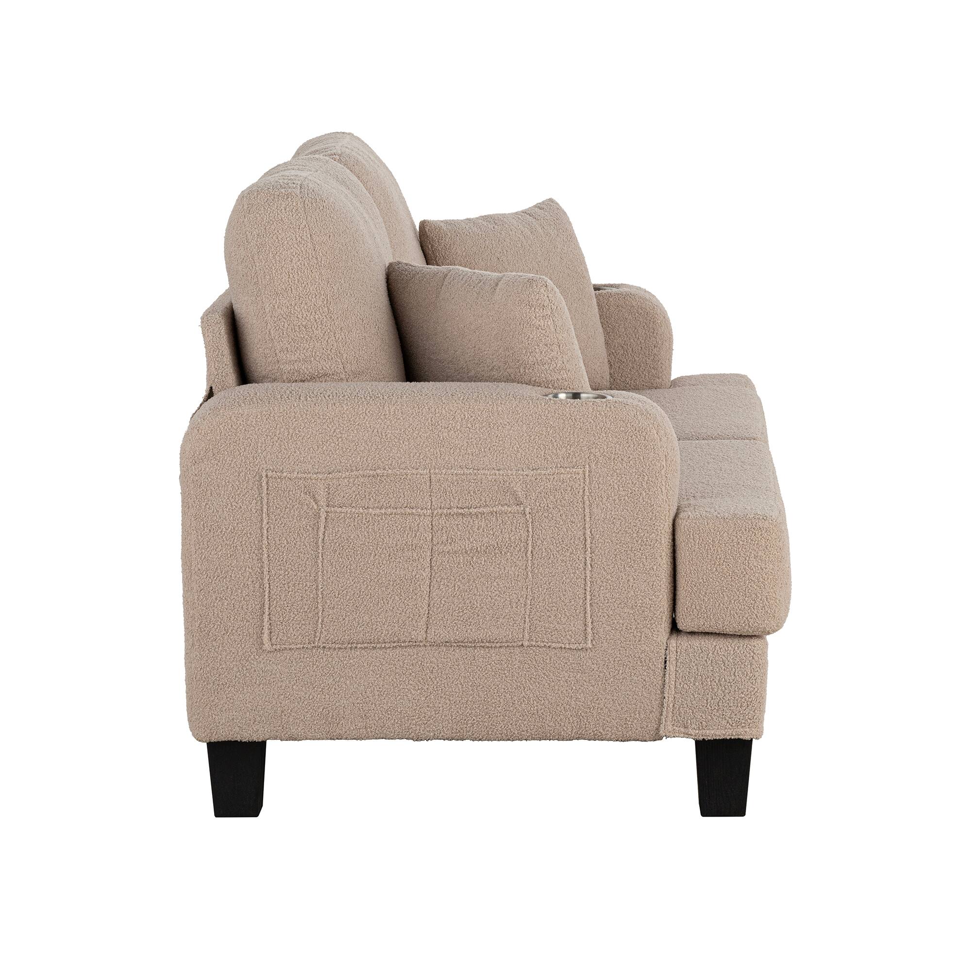 Alt View 2. Vaczon - 60" Loveseat Sofa with 2 Cup Holders and 2 Throw Pillows, Modern Upholstered 2-Seater Couch for Living Room or Apartment - Beige.