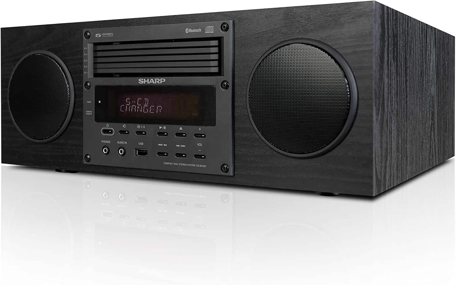 SHARP, S-CB CHARGER, DISC 5, Bluetooth, 1-5, PHONES, AUDIO IN, USB, VOL, COMPACT DISC STEREO SYSTEM